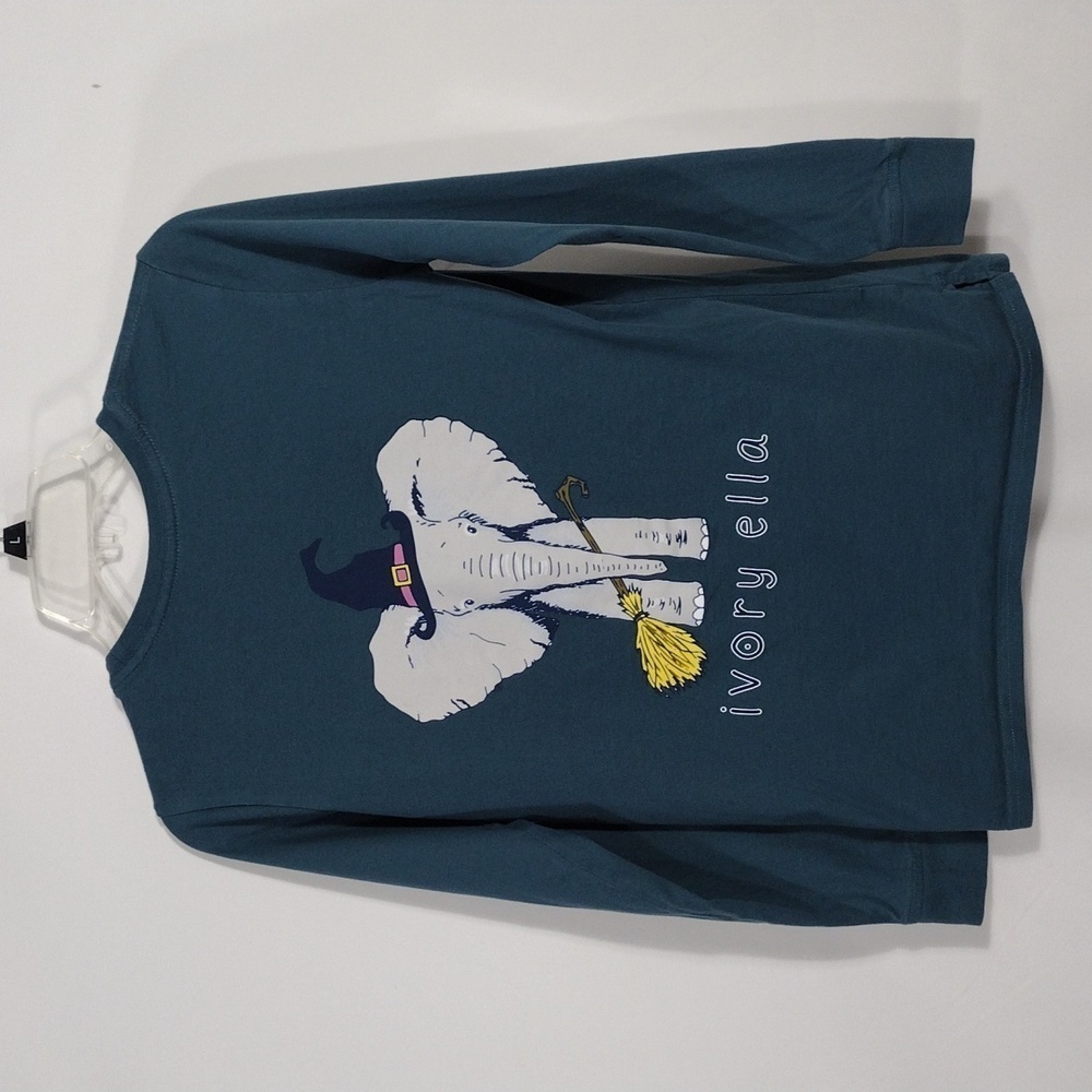 EUC Ivory Ella Crew neck Long Sleeve Halloween Elephant top size XXS Turquoise